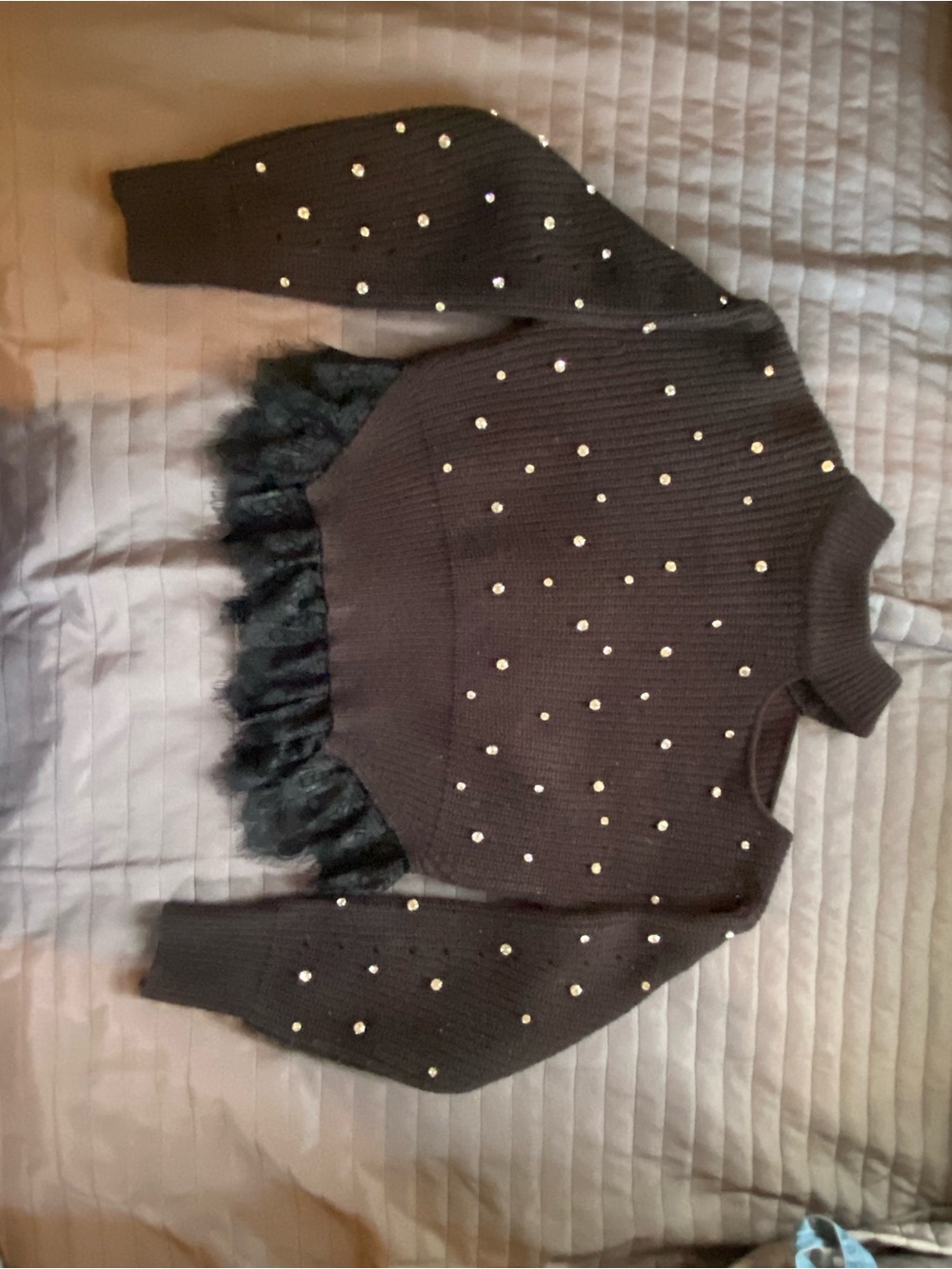 Women’s Black Pearl-Embellished Sweater with Feather Hem